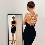Chic Pearl Strap Backless Bandage Little Black Mini Dress