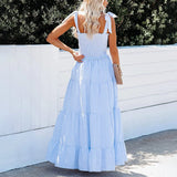 Striped Tie Strap Smocked Sleeveless Maxi Beach Vacation Dress