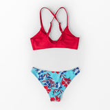 Red And Floral Print Low Rise Bikini