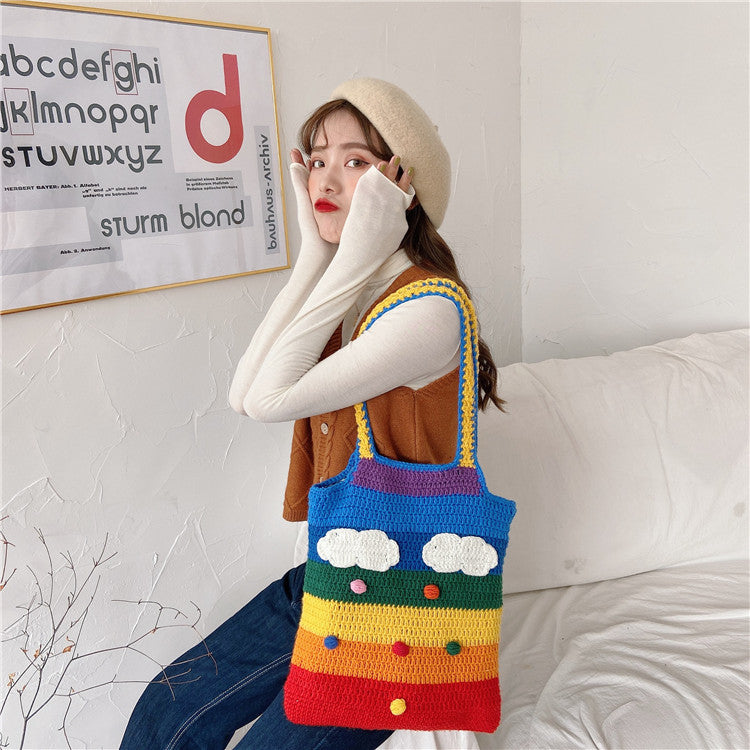 Rainbow Crochet Bag For Women, Cute Knitted Shoulder Bags, Clouds