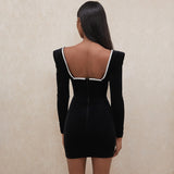 Sparkly Rhinestone Deep V Long Sleeve Velvet Mini Dress