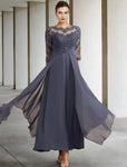 A-line Scoop Illusion Asymmetrical Chiffon Lace Mother of the Bride Dress With Cascading Ruffles