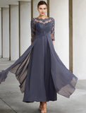 A-line Scoop Illusion Asymmetrical Chiffon Lace Mother of the Bride Dress With Cascading Ruffles