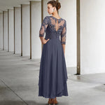 A-line Scoop Illusion Asymmetrical Chiffon Lace Mother of the Bride Dress With Cascading Ruffles