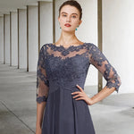 A-line Scoop Illusion Asymmetrical Chiffon Lace Mother of the Bride Dress With Cascading Ruffles