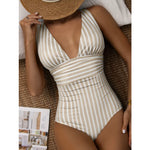 Striped V Neck Retro Swimsuit