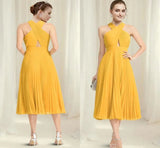 Halter Yellow Ruched Tea Length Chiffon Prom Dress