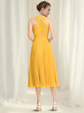 Halter Yellow Ruched Tea Length Chiffon Prom Dress