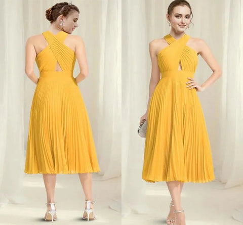 Halter Yellow Ruched Tea Length Chiffon Prom Dress