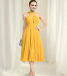 Halter Yellow Ruched Tea Length Chiffon Prom Dress