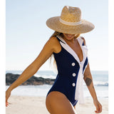 Hit Color Tie Front Nautical Button One Piece Swimwear