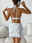 Floral Print Sweet Ruffle Bikini Three Pieces