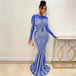 Crystal Embellished Sheer Mesh Maxi Evening Dress