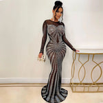 Crystal Embellished Sheer Mesh Maxi Evening Dress