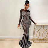 Crystal Embellished Sheer Mesh Maxi Evening Dress