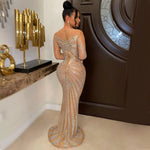 Crystal Embellished Sheer Mesh Maxi Evening Dress