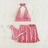 Floral Print Sweet Ruffle Bikini Three Pieces