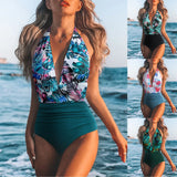 Leaf Print Beachy Ruched Detail One Piece Swimwear