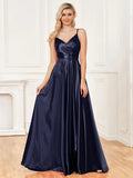 A-line V-Neck Floor-Length Satin Prom Dress