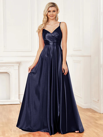 A-line V-Neck Floor-Length Satin Prom Dress