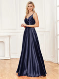 A-line V-Neck Floor-Length Satin Prom Dress