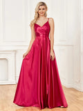 A-line V-Neck Floor-Length Satin Prom Dress