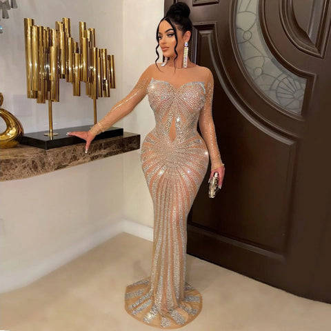 Crystal Embellished Sheer Mesh Maxi Evening Dress