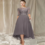 A-line Boat Neck Illusion Asymmetrical Chiffon Lace Mother of the Bride Dress With Sequins Beading