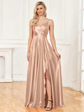 A-line V-Neck Floor-Length Satin Prom Dress