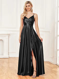 A-line V-Neck Floor-Length Satin Prom Dress