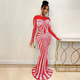 Crystal Embellished Sheer Mesh Maxi Evening Dress