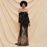 Fancy Sequin Slit Long sleeve Off Shoulder Maxi Black and Gold Prom Dress