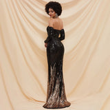 Fancy Sequin Slit Long sleeve Off Shoulder Maxi Black and Gold Prom Dress