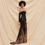 Fancy Sequin Slit Long sleeve Off Shoulder Maxi Black and Gold Prom Dress