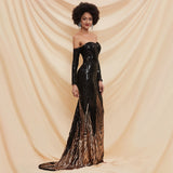 Fancy Sequin Slit Long sleeve Off Shoulder Maxi Black and Gold Prom Dress