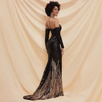 Fancy Sequin Slit Long sleeve Off Shoulder Maxi Black and Gold Prom Dress