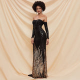 Fancy Sequin Slit Long sleeve Off Shoulder Maxi Black and Gold Prom Dress