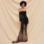 Fancy Sequin Slit Long sleeve Off Shoulder Maxi Black and Gold Prom Dress