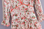 Scalloped Tiered Ruffle Ruched Strawberry Print Mini Dress