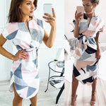 Notched Nec Geo Print Belted Classy Dress