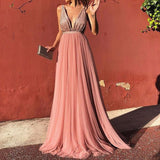 Elegant Wedding Party Sequin Tulle Pink Long Dress