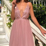 Elegant Wedding Party Sequin Tulle Pink Long Dress