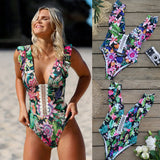 Flower Print Ruffle Shoulder Open Back Swimsuit