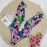 Flower Print Ruffle Shoulder Open Back Swimsuit