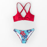 Red And Floral Print Low Rise Bikini