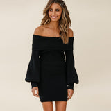 Ribbed Off The Shoulder Winter Long Sleeve Mini Dress