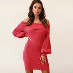 Ribbed Off The Shoulder Winter Long Sleeve Mini Dress