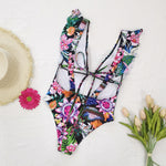 Flower Print Ruffle Shoulder Open Back Swimsuit