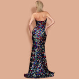 Festive Sequin Slit Front Strapless Marmaid Maxi Prom Dress