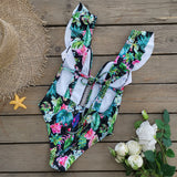 Flower Print Ruffle Shoulder Open Back Swimsuit